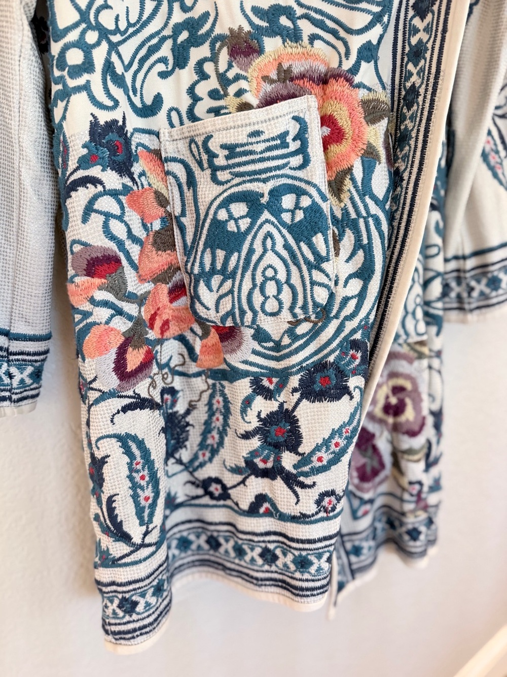 Johnny Was Biya Embroidered Hooded Cardigan — Cream/Blue, Size XL - Picture 3 of 9